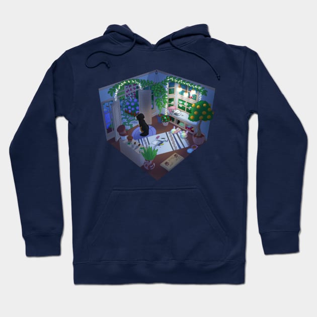 LoFi Rainy Night Sunroom Hoodie by ParadisePaws